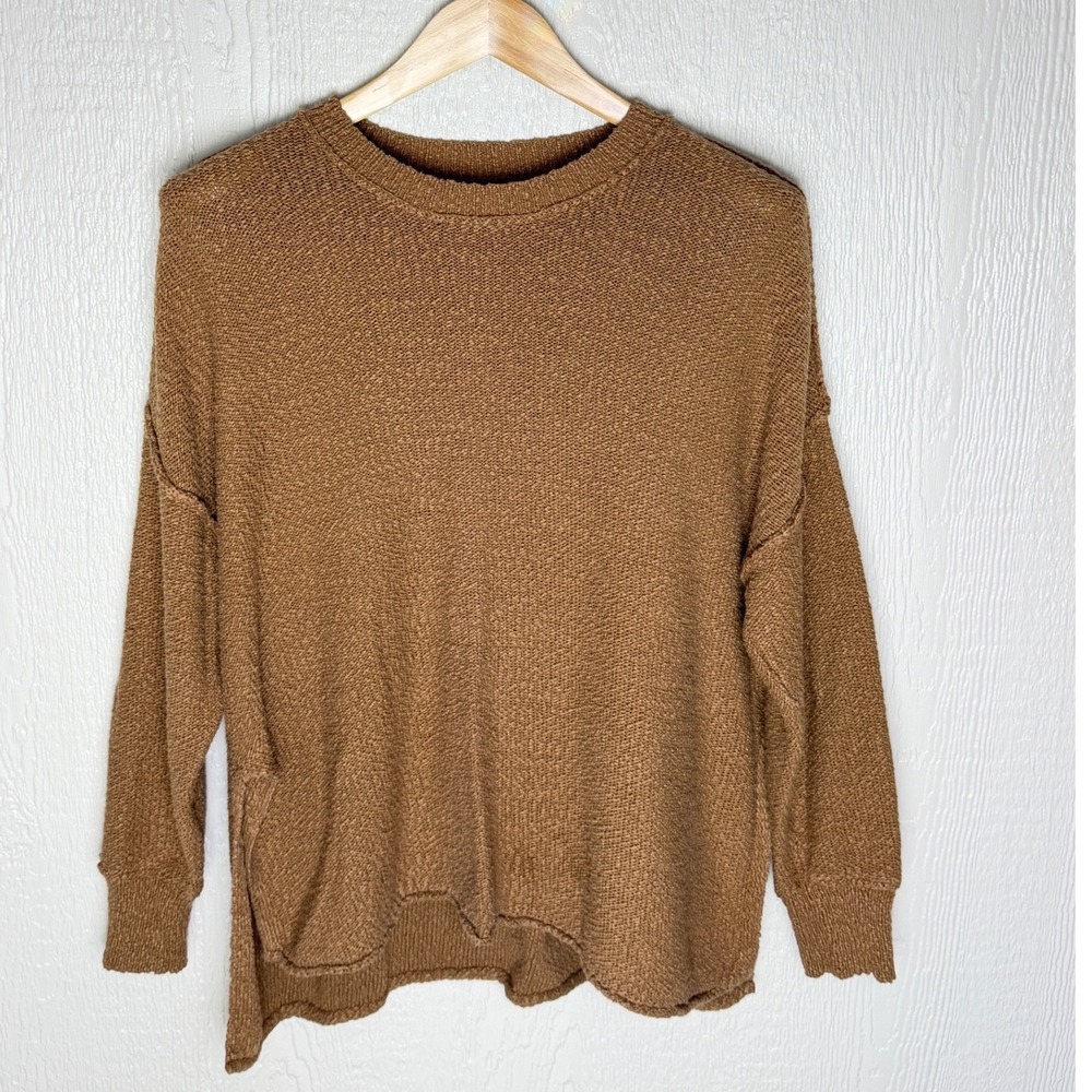 Aerie Women Large Brown Oversized Crewneck Cotton Blend Knit Sweater Top